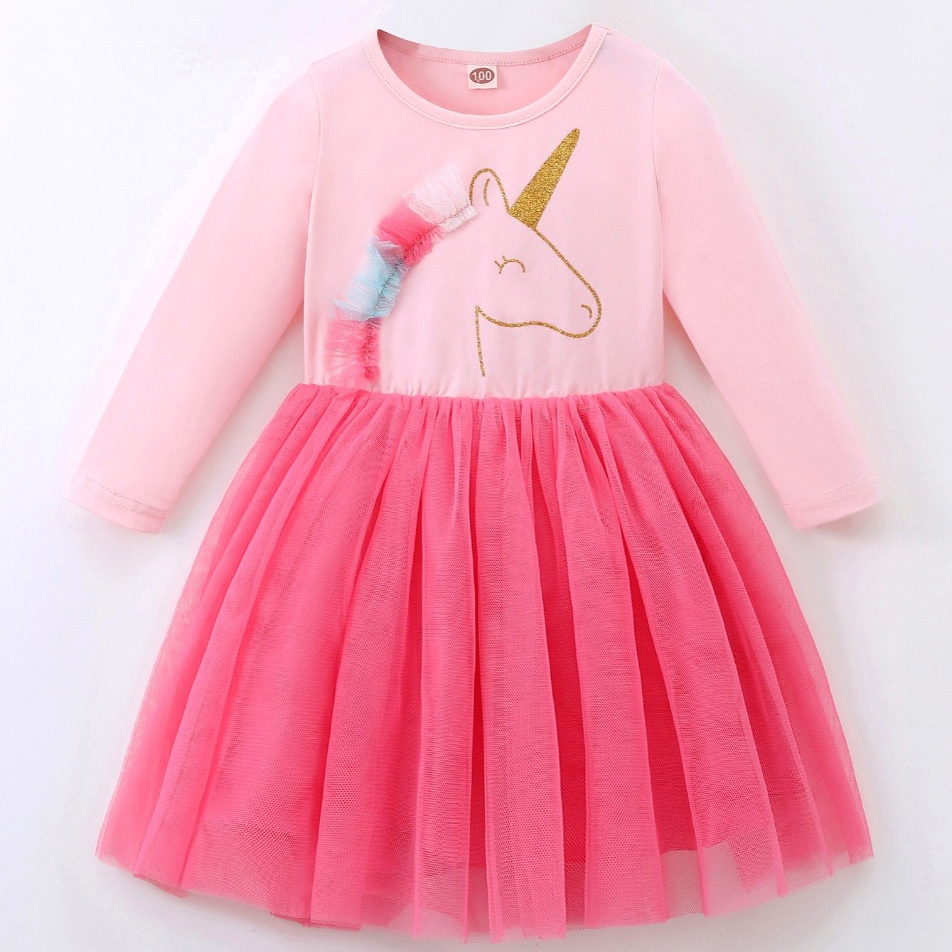 Girls Unicorn Cartoon Print Long Sleeve Tutu Dress