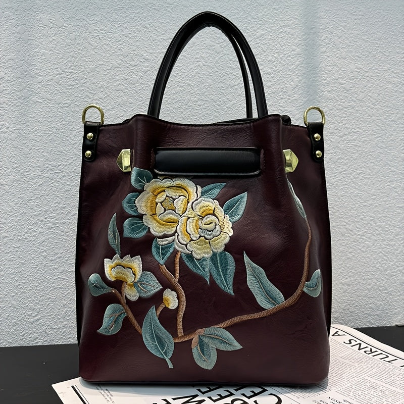 Embroidered PU Tote Chinese Style Commute & Travel Bag