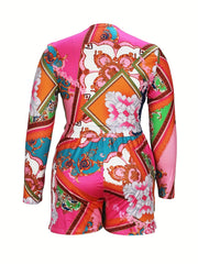 Boho Plus Size 2PC Set: Scarf Print Crop Top & Shorts
