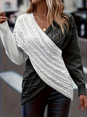  Colorblock Cross Wrap Cable Knit Sweater