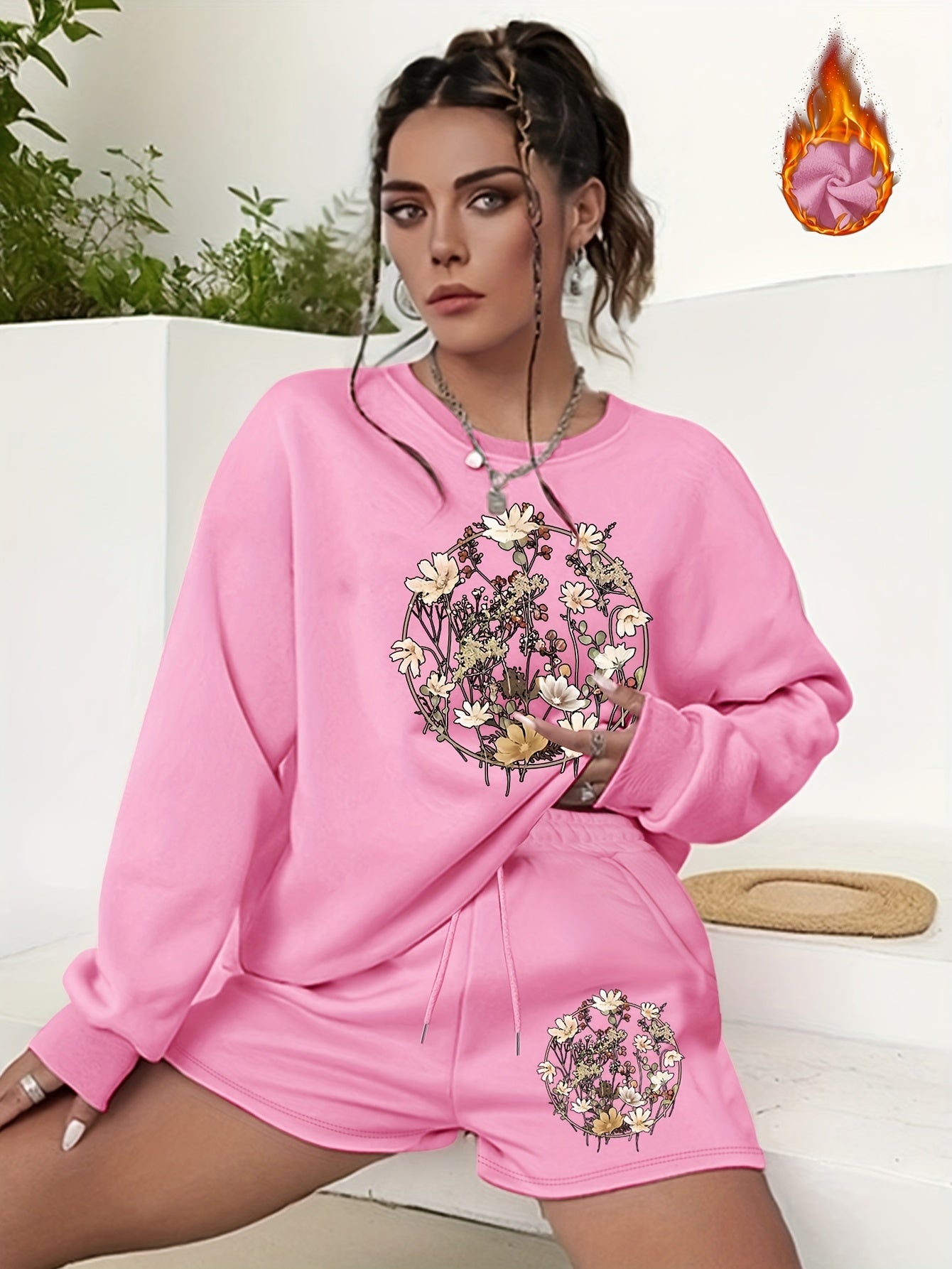  Floral Print Sweatshirt & Shorts 2 Piece Set
