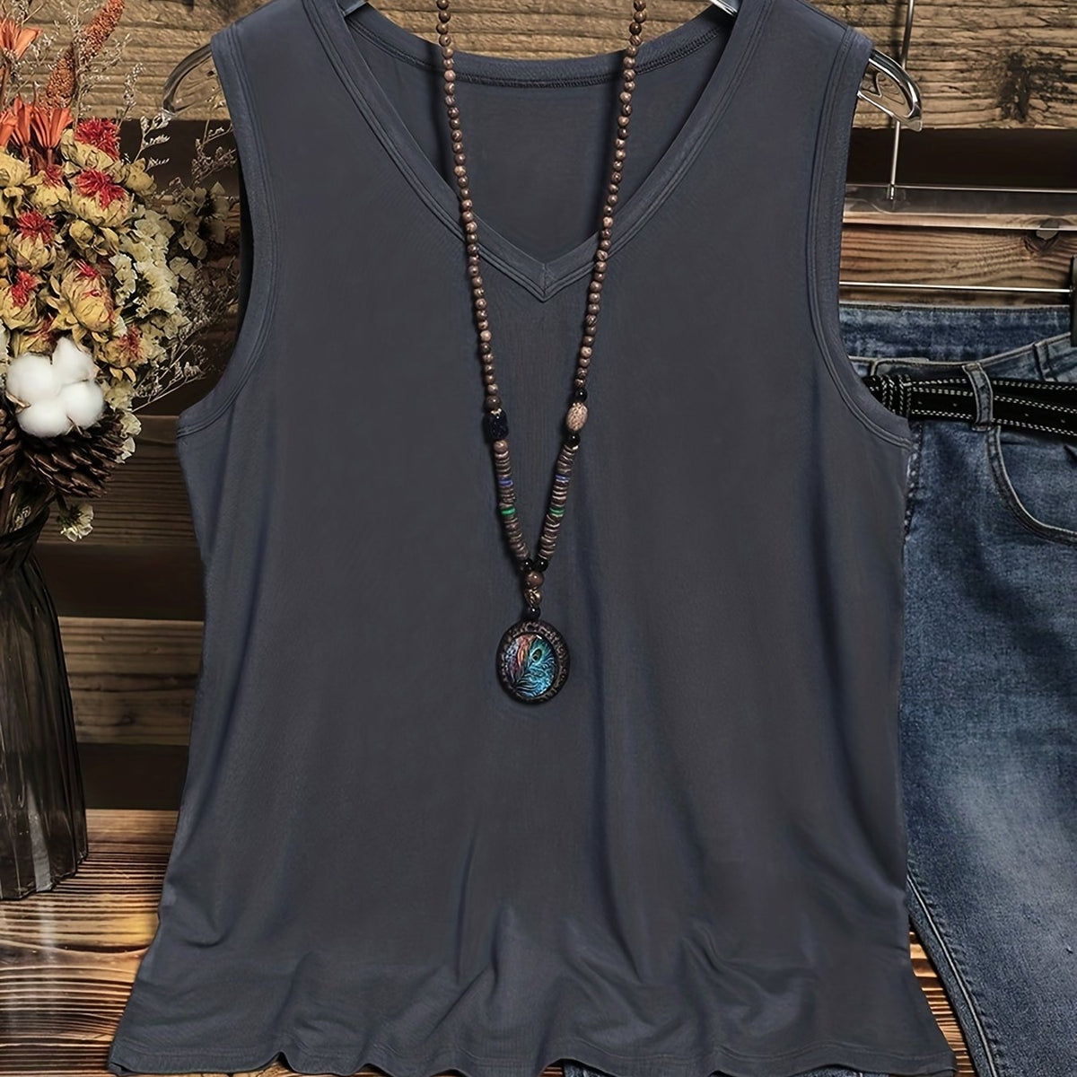  Casual Tank Top Women's Solid V Neck Loose Tank Top