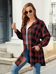  Plaid Print Long Sleeve Button Up Tunic Shirt Top