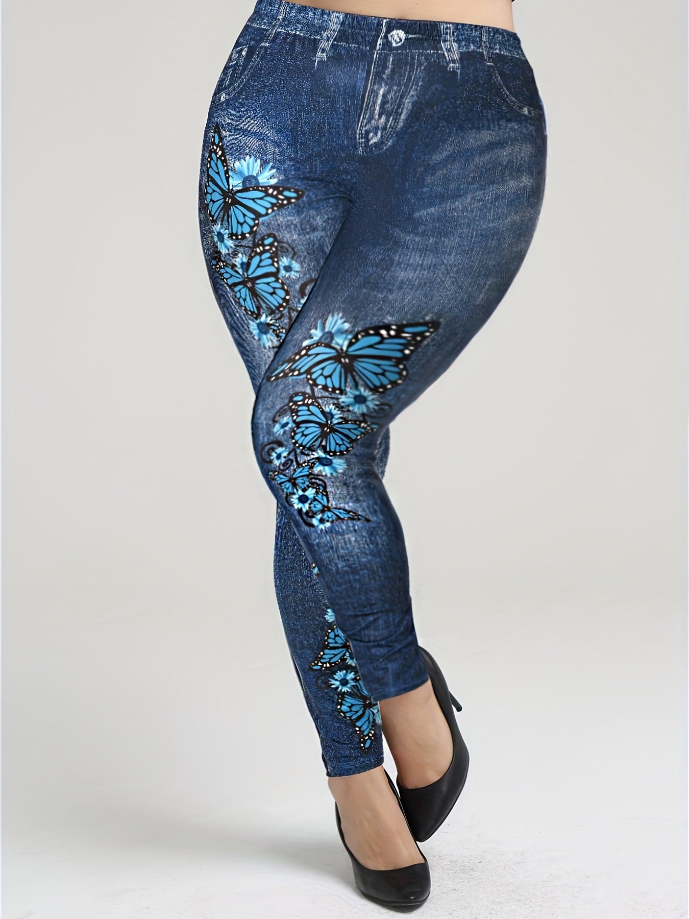  Butterfly & Denim Print High Rise Leggings