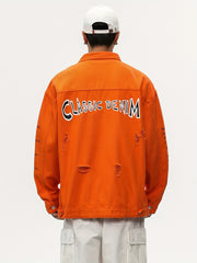 Men's Raw Trim Letter Print Denim Jacket for Spring Fall