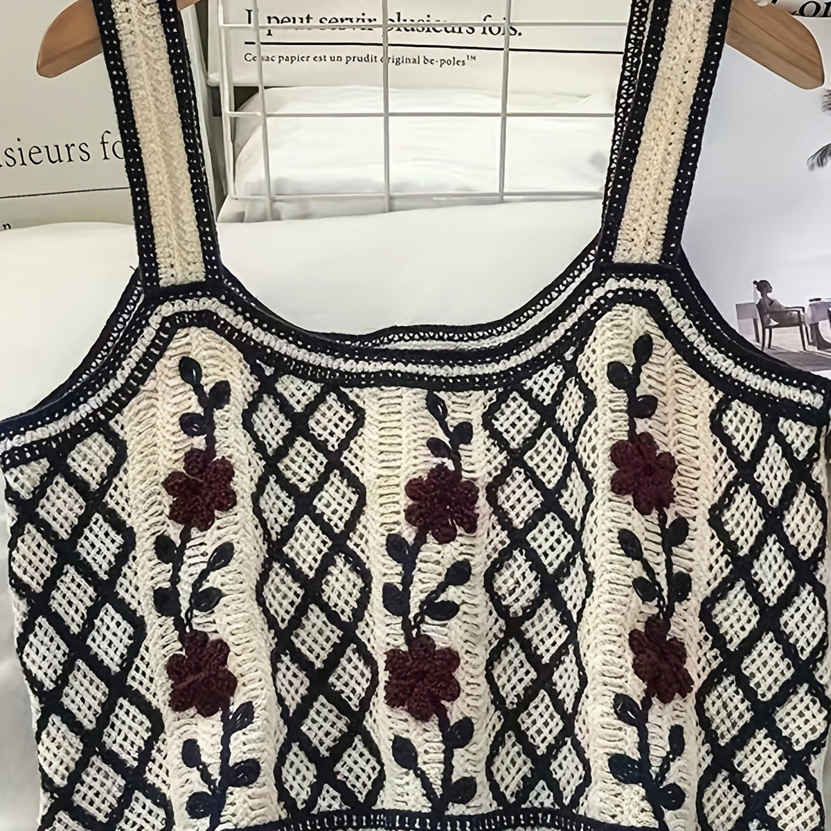 Flower Embroidered Crop Tank Top Casual Beach Wear Contrast Trim Tank Top