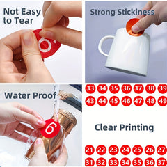 Waterproof Numbered Labels/Stickers 1-50, 6 Colors, Strong Adhesion