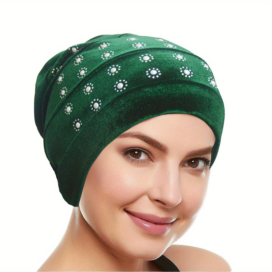 Rhinestone Decor Turban Cap Velvet Head Wrap Elastic Bonnet Head Scarf Women