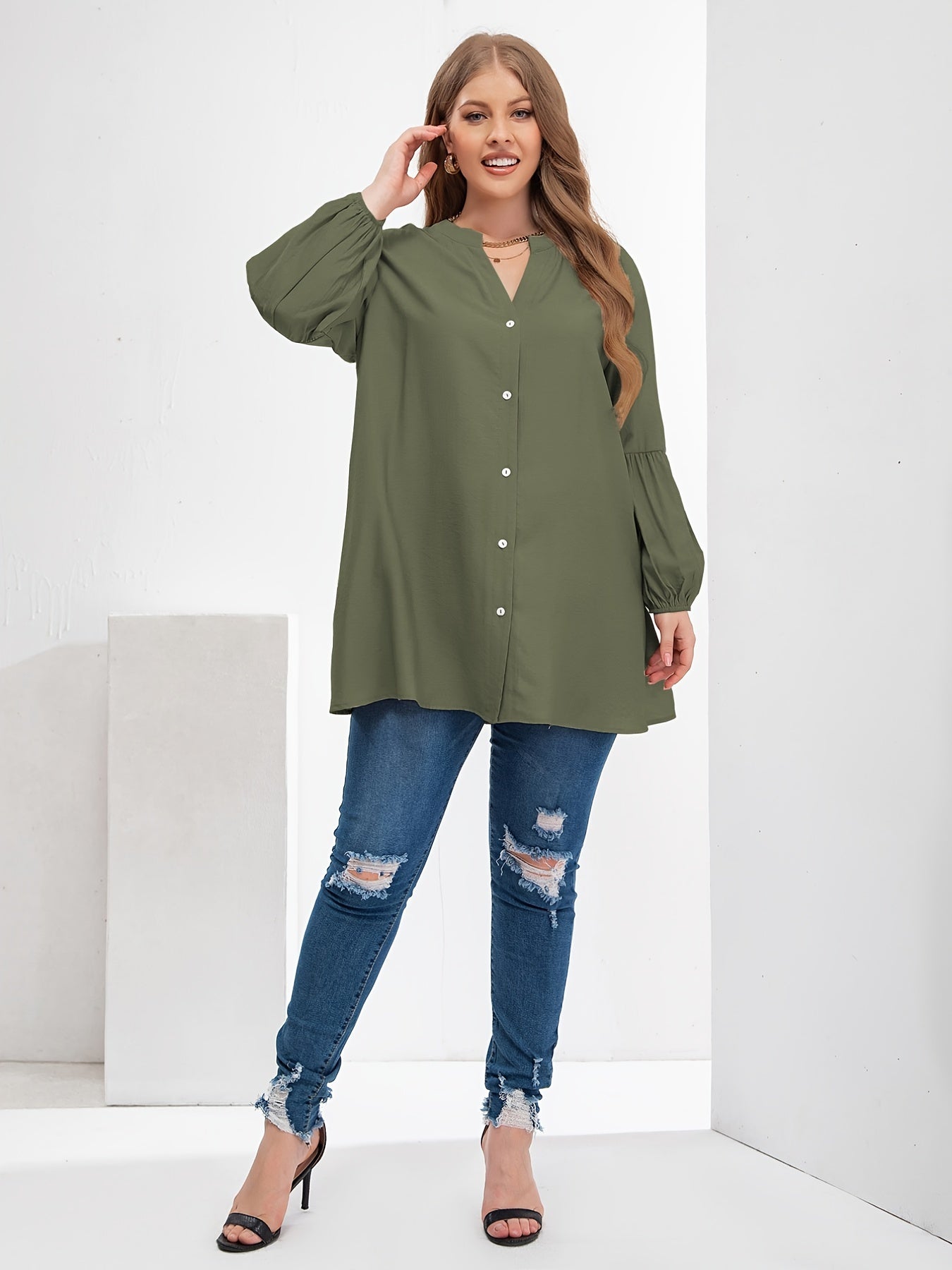  Puff Sleeve V Neck Button Front Blouse