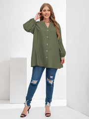 Puff Sleeve V Neck Button Front Blouse
