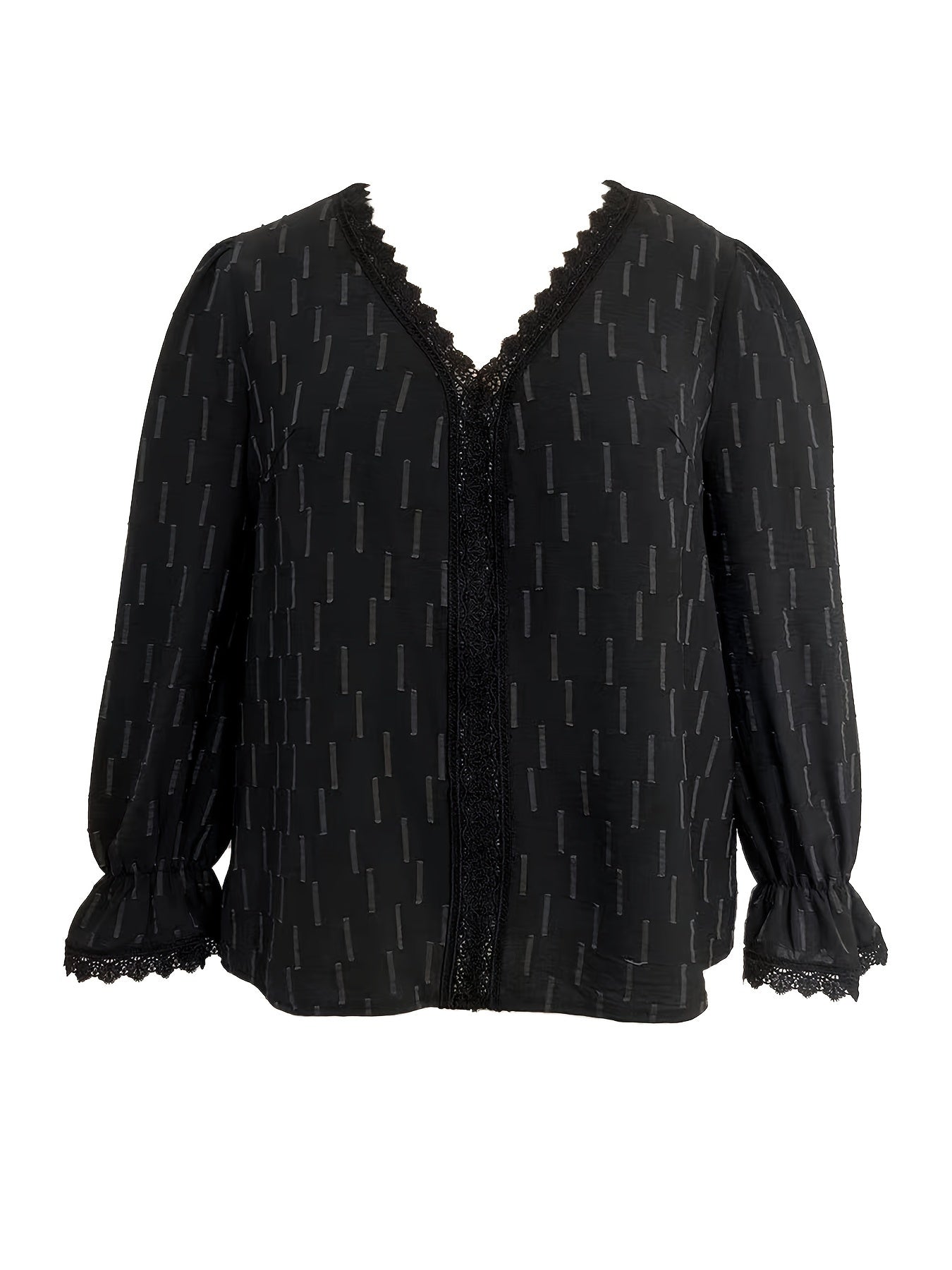 Plus Size Stripe Print Lace Lantern Sleeve V Neck Top