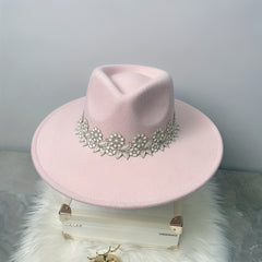 Pink Lace Flower Fedora Felt Hat for Women