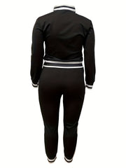  Colorblock Striped 2 Piece Set Zip Up Coat & Pants Outfits