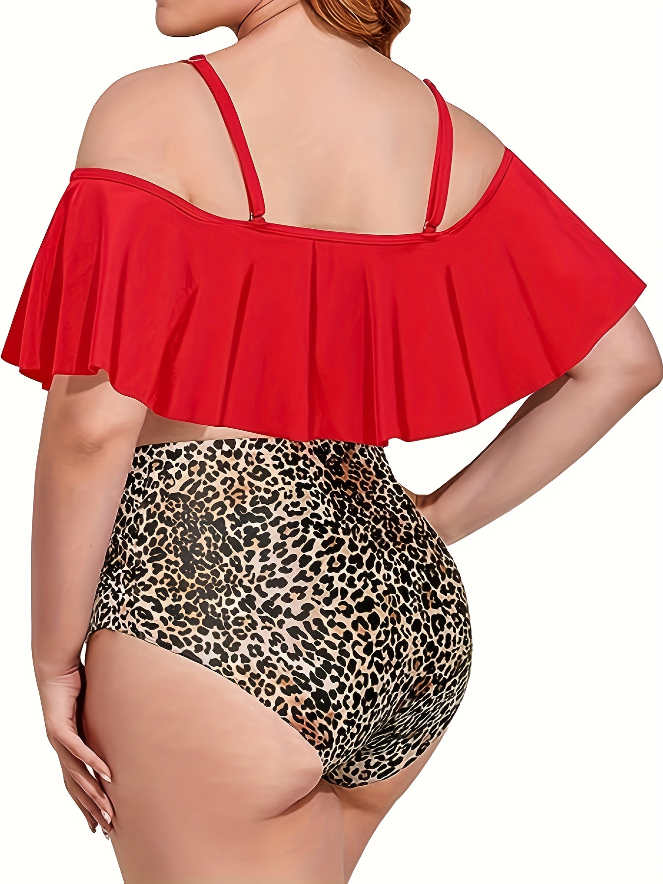 Tankini Set Cold Shoulder Ruffle Trim Cape