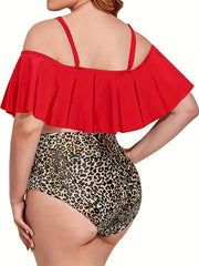  Tankini Set Cold Shoulder Ruffle Trim Cape