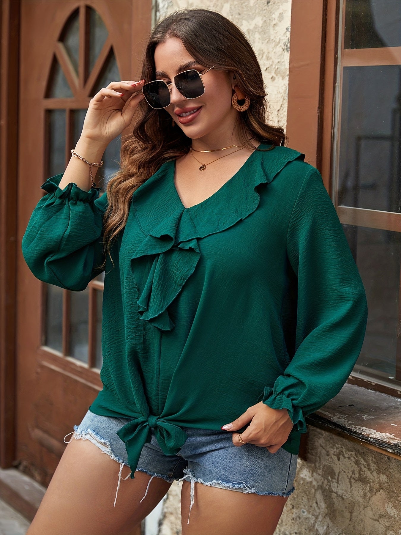  Ruffle Trim V Neck Knot Front Top