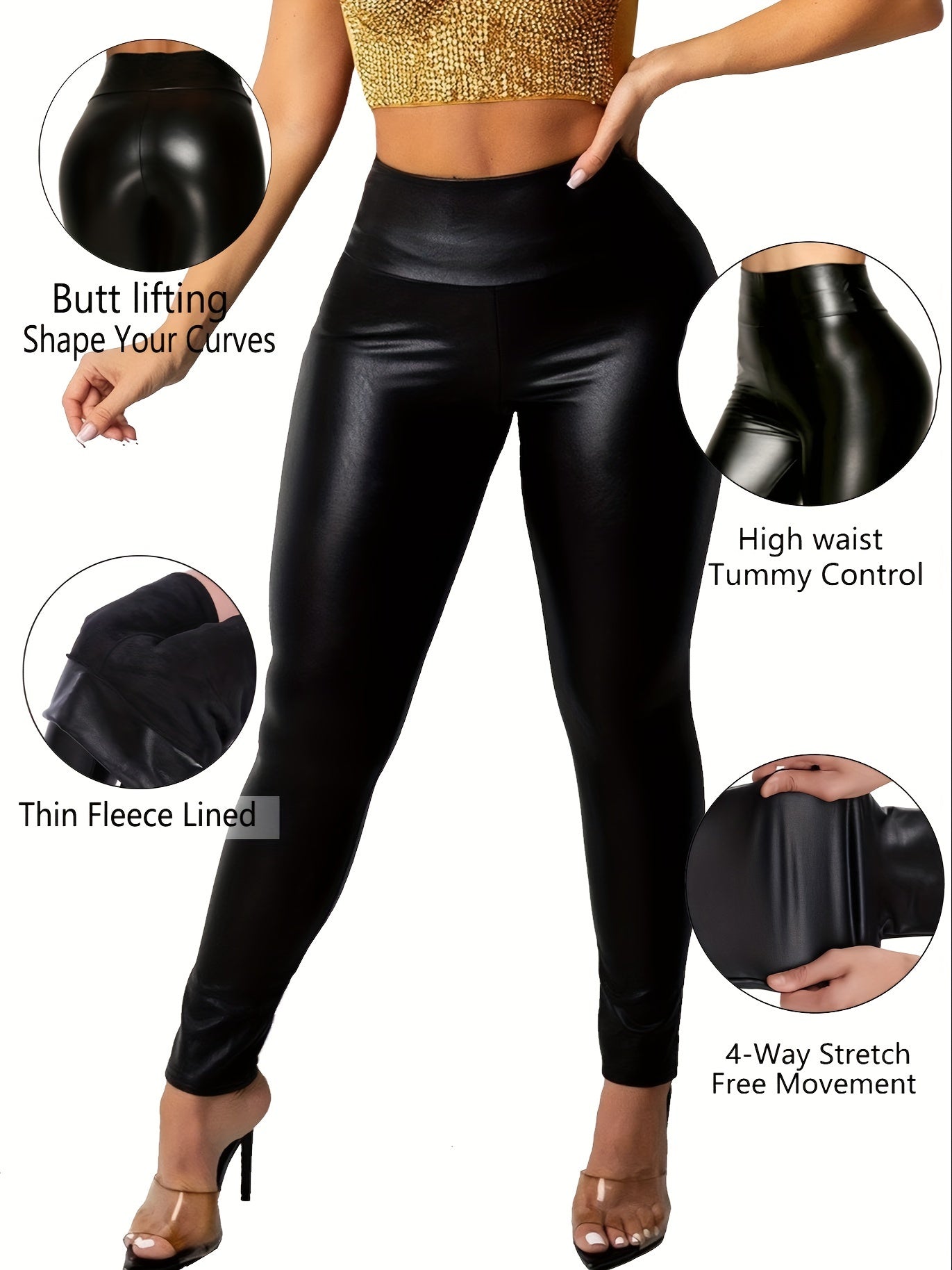 Tummy Control Fleece Lined Leather Yoga Pants