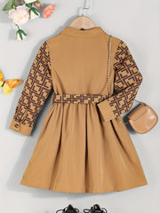Girl's Geometric Print Long Sleeve Dress With Waistband
