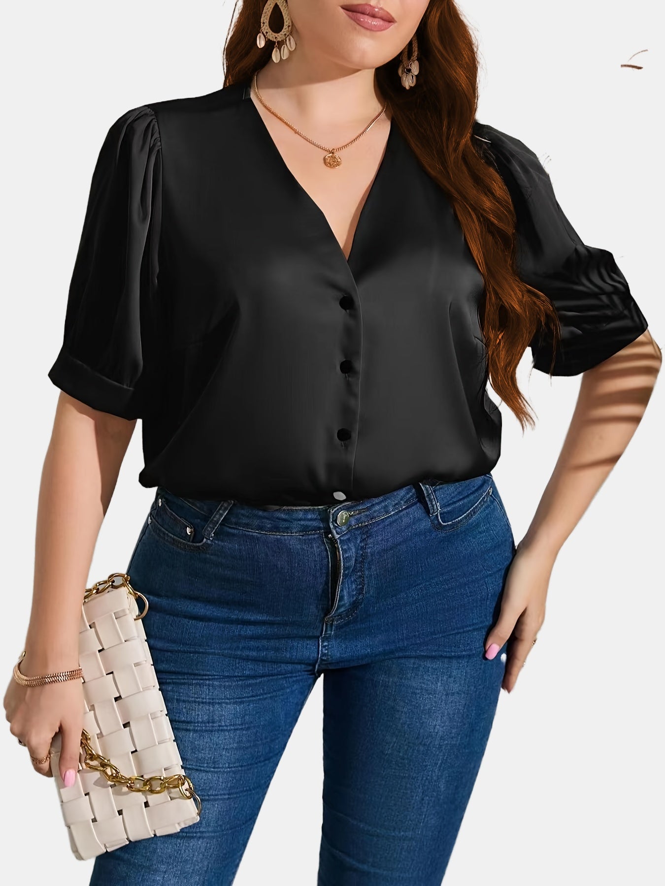  Satin Puff Sleeve V Neck Shirt Women's Plus