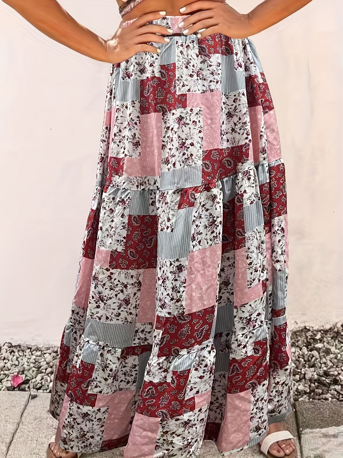  Boho Skirt Patchwork Print High Rise Maxi Skirt