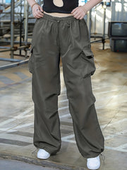  Solid Elastic Drawstring High Rise Cargo Pants