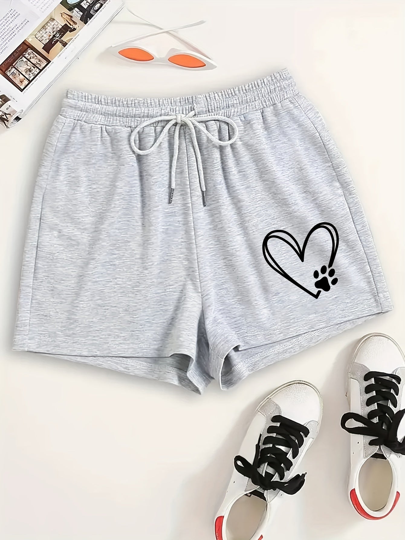  Heart & Puppy Paw Print Elastic Waist Shorts
