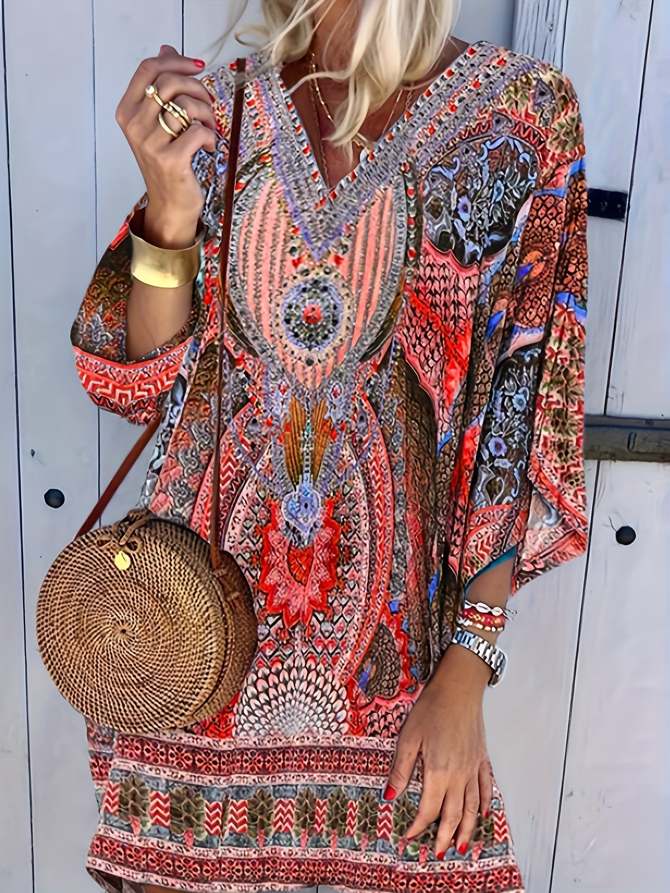  Boho Dress Women's Plus Floral Print Half Sleeve V Neck Dress