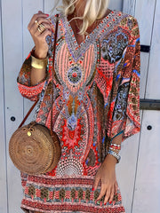  Boho Dress Women's Plus Floral Print Half Sleeve V Neck Dress