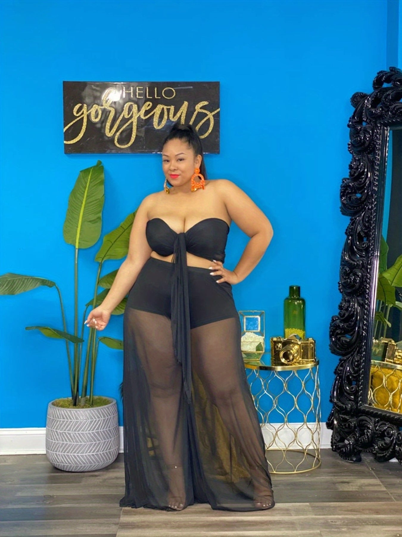  Sexy Outfit: Solid Knot Tube Top & Wide Leg Pants Two Piece Set