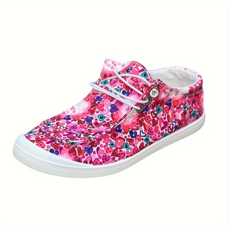Pink Heart Letter Print Women's Canvas Shoes Flat Comfortable Lightweight