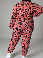  Leopard Print Lantern Sleeve Top & Joggers Set