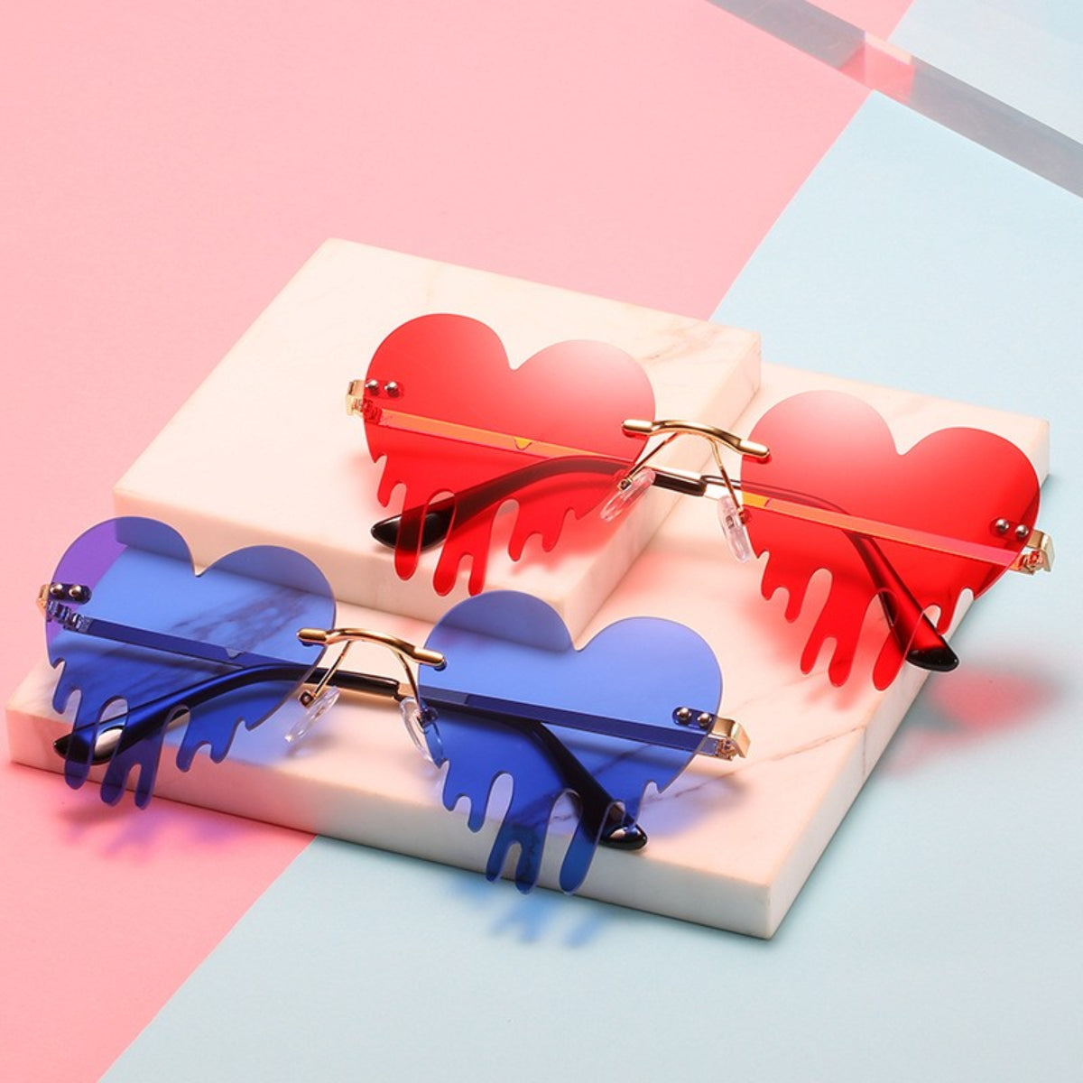 Men's Melting Heart Sunglasses Golden Metal Frameless Tear Drop Eyewear