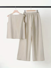 Solid Two-Piece Set Crew Neck Tank Top & Wide Leg Pants