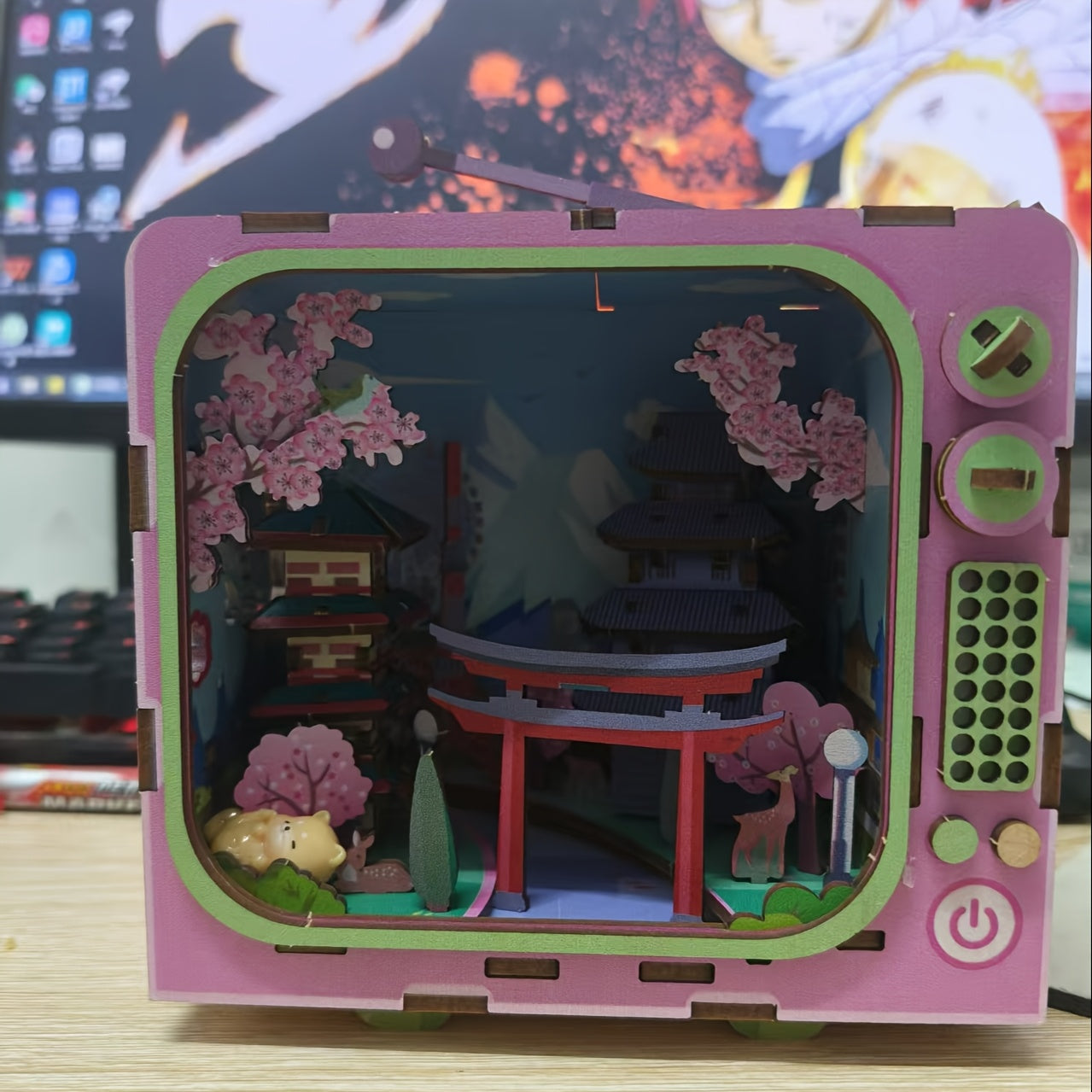 3D Puzzle DIY Kit Japanese TV Scene Cherry Blossoms Pagoda Decor Figurine