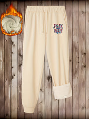  Art Letter Print Liner Fleece Joggers With Pockets