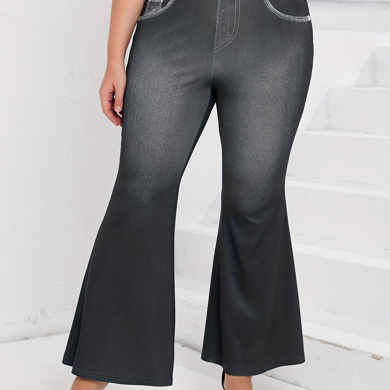  Denim Print High Rise Flared Leg Pants