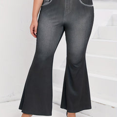  Denim Print High Rise Flared Leg Pants