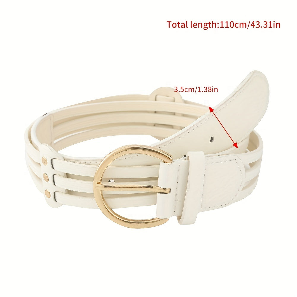 Hollow Out PU Belt Round Golden Pin Buckle Waistband for Women