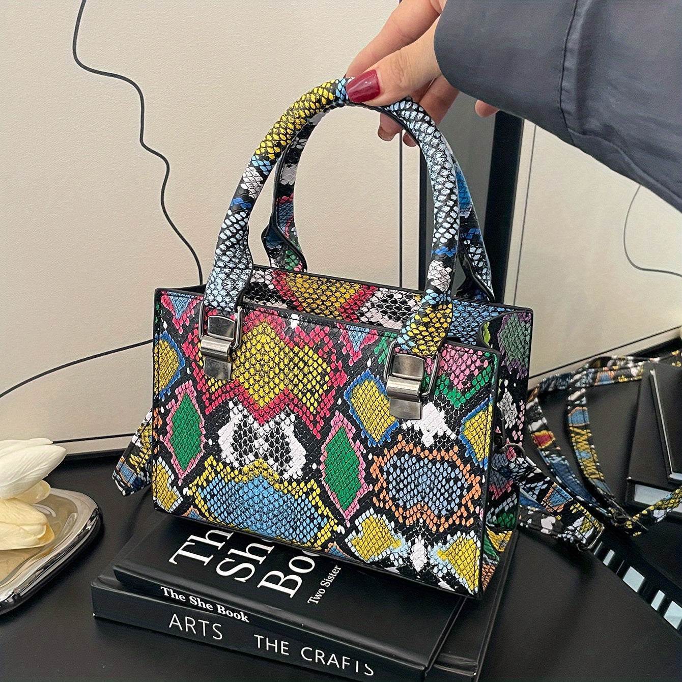 Snake Pattern Tote Bag Faux Leather Shoulder Bag