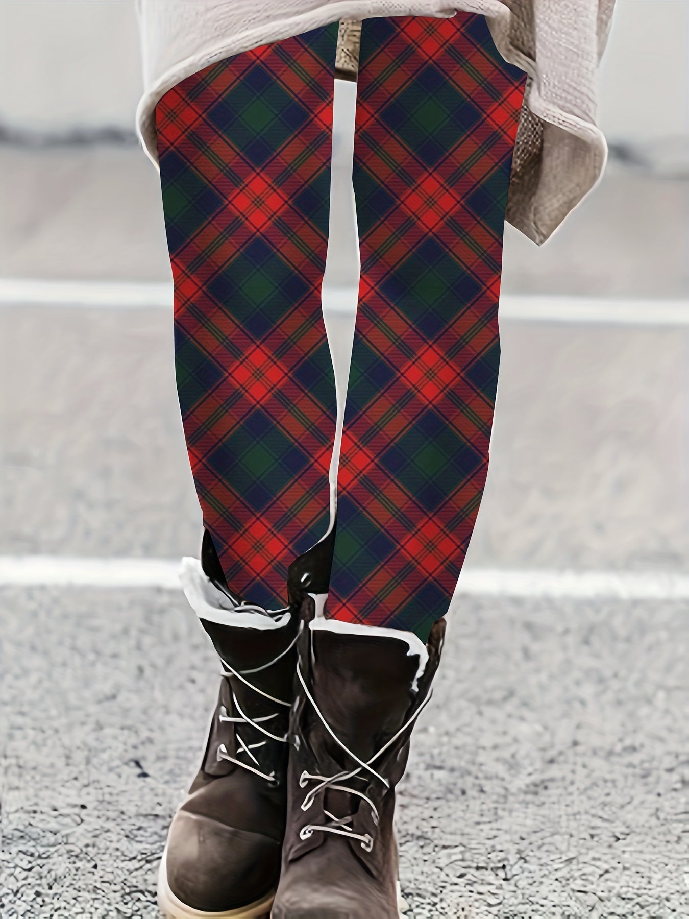  Plaid Print High Rise Stretch Leggings