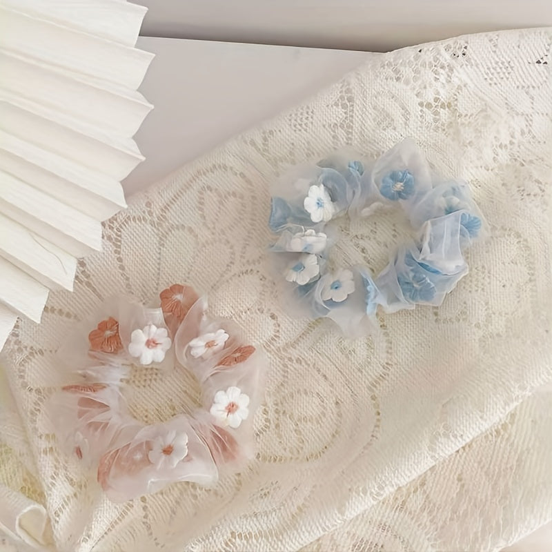 Flower Embroidery Scrunchie Hair Tie Organza Hair Rope Large Accessories