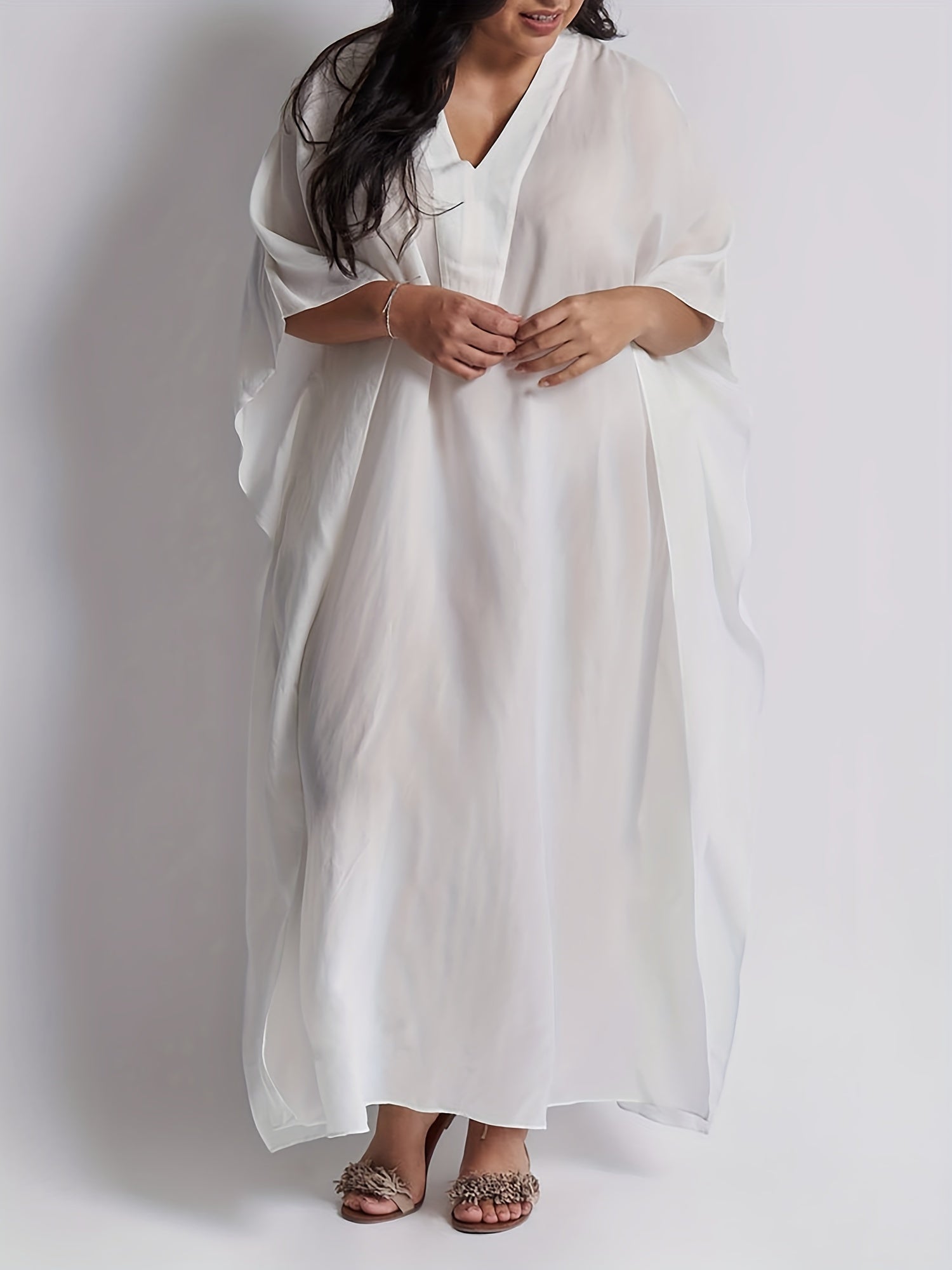  Solid Bat Sleeve V Neck Maxi Cover Up Dress
