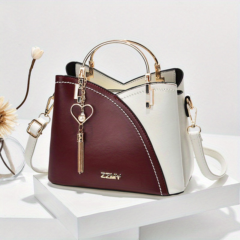 Two Tone Handbag Tassel Crossbody Bag Top Ring PU Leather Purse