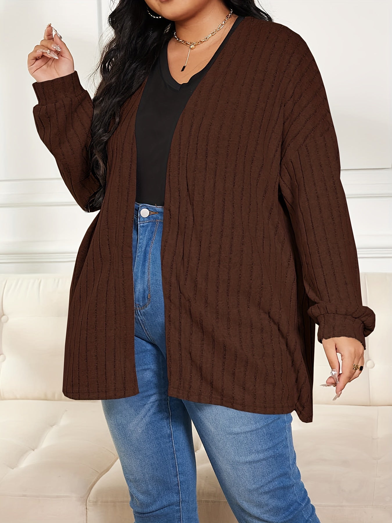  Solid Ribbed Open Front Knit Cardigan
