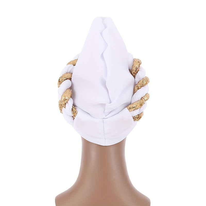Sequin Twisted Braided Turban Elastic Head Wrap Pre tied Ramadan Hijab Women