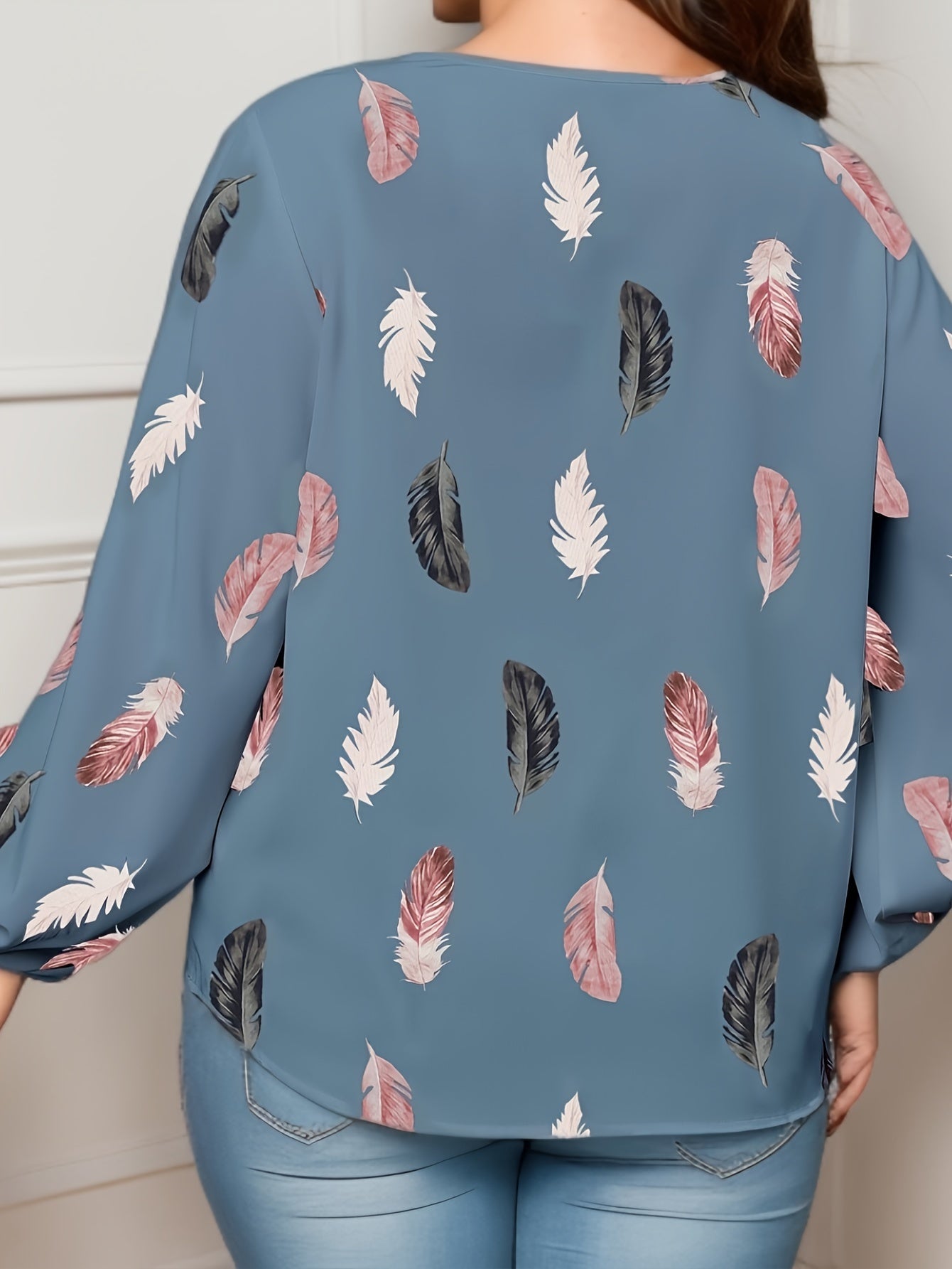  Feather Print Lace Trim Lantern Sleeve V Neck Blouse
