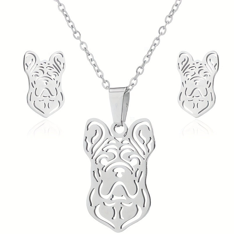 Stainless Steel Origami Cat Necklace and Earrings Set - Animal Pet Jewelry