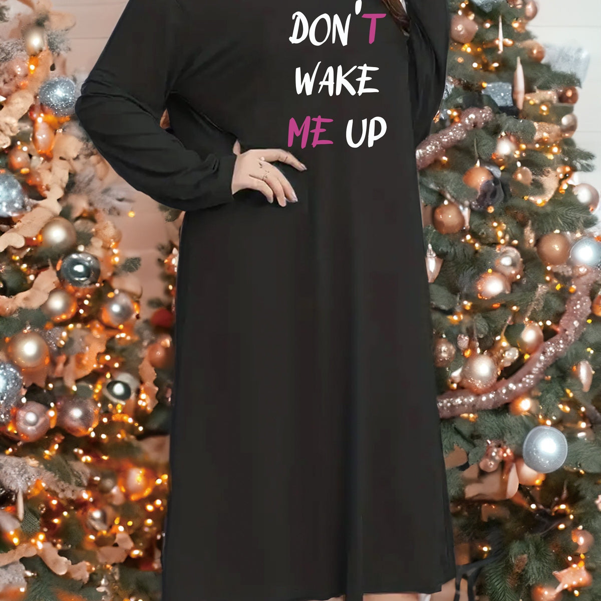 Basic Nightdress Women's Plus Slogan Graphic Long Sleeve Round Neck