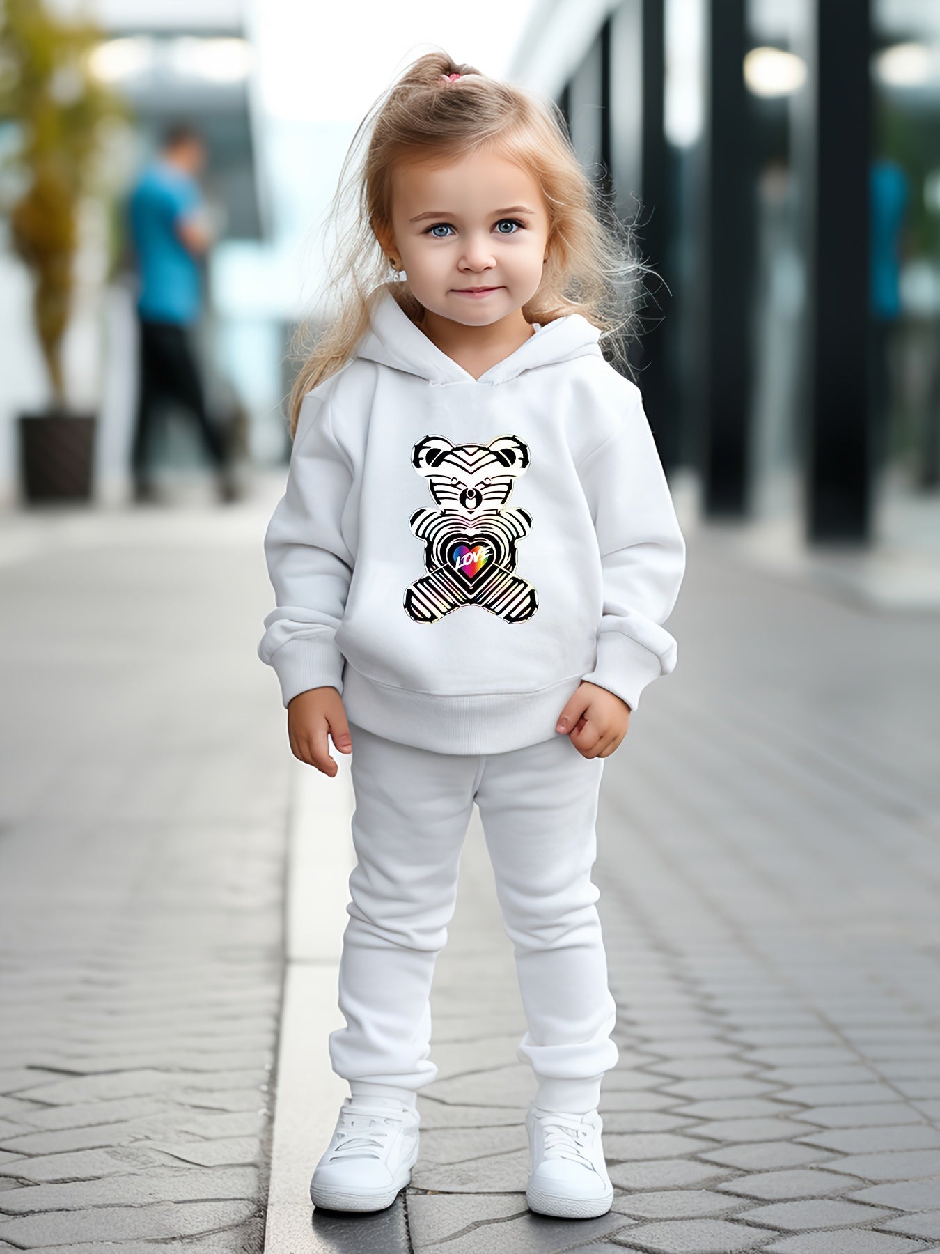 Cartoon Love Bear Print Hooded Pullover Pants Set For Sports