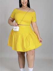  Off Shoulder Crop Top & Mini Skirts Set Women's Plus Casual 2pcs Set